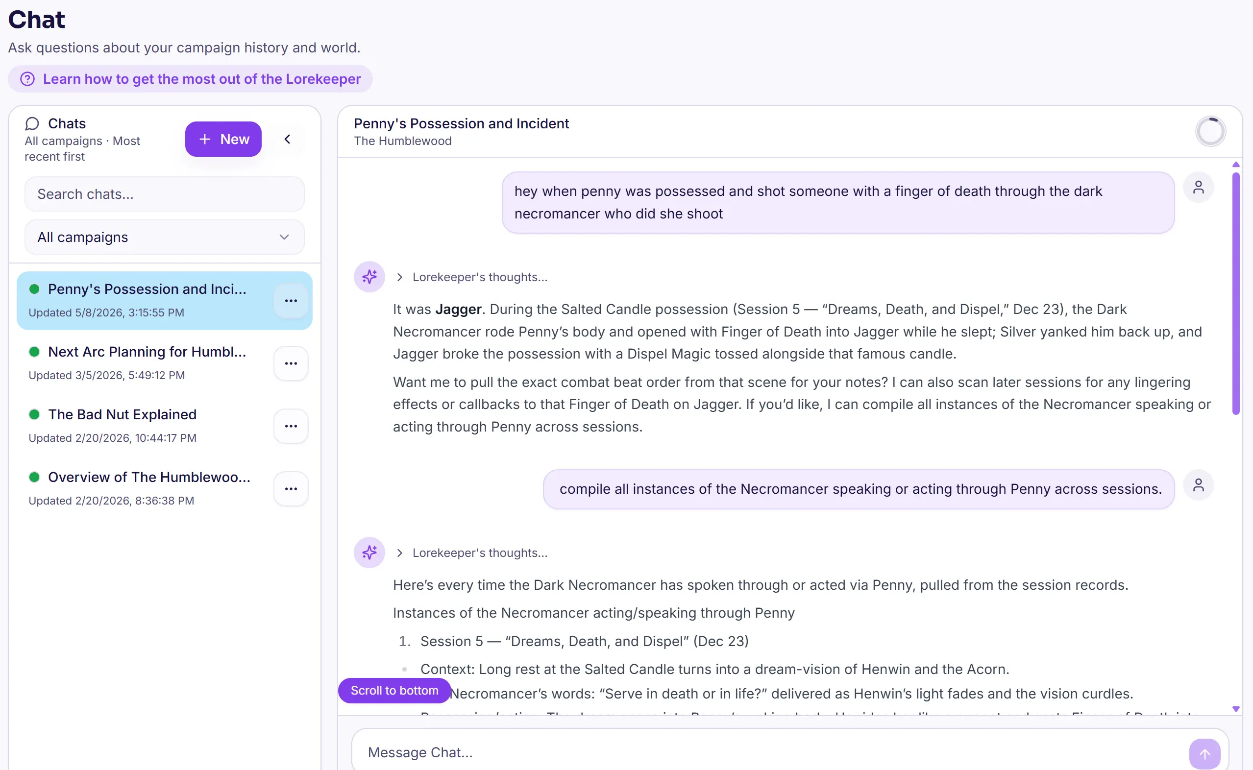 Epicly Lorekeeper AI chat interface