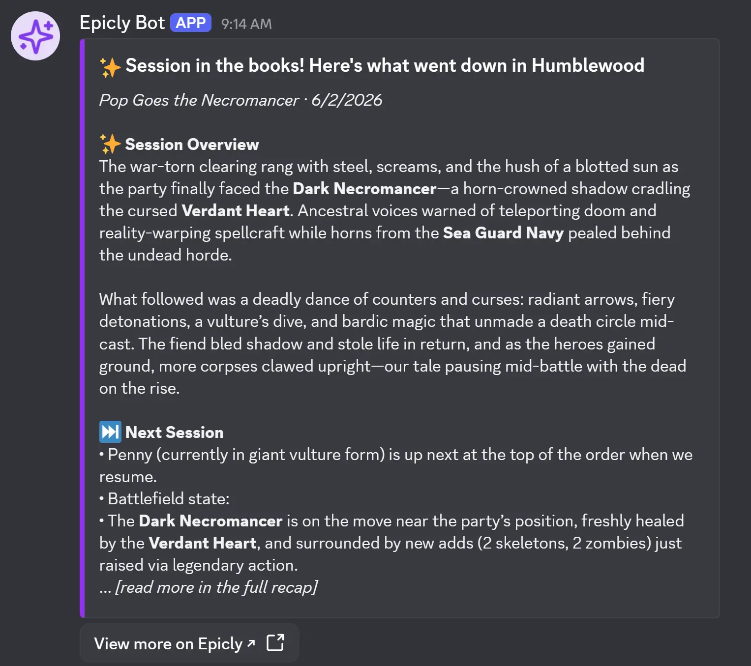 Epicly Discord bot posting a session recap embed in a server channel