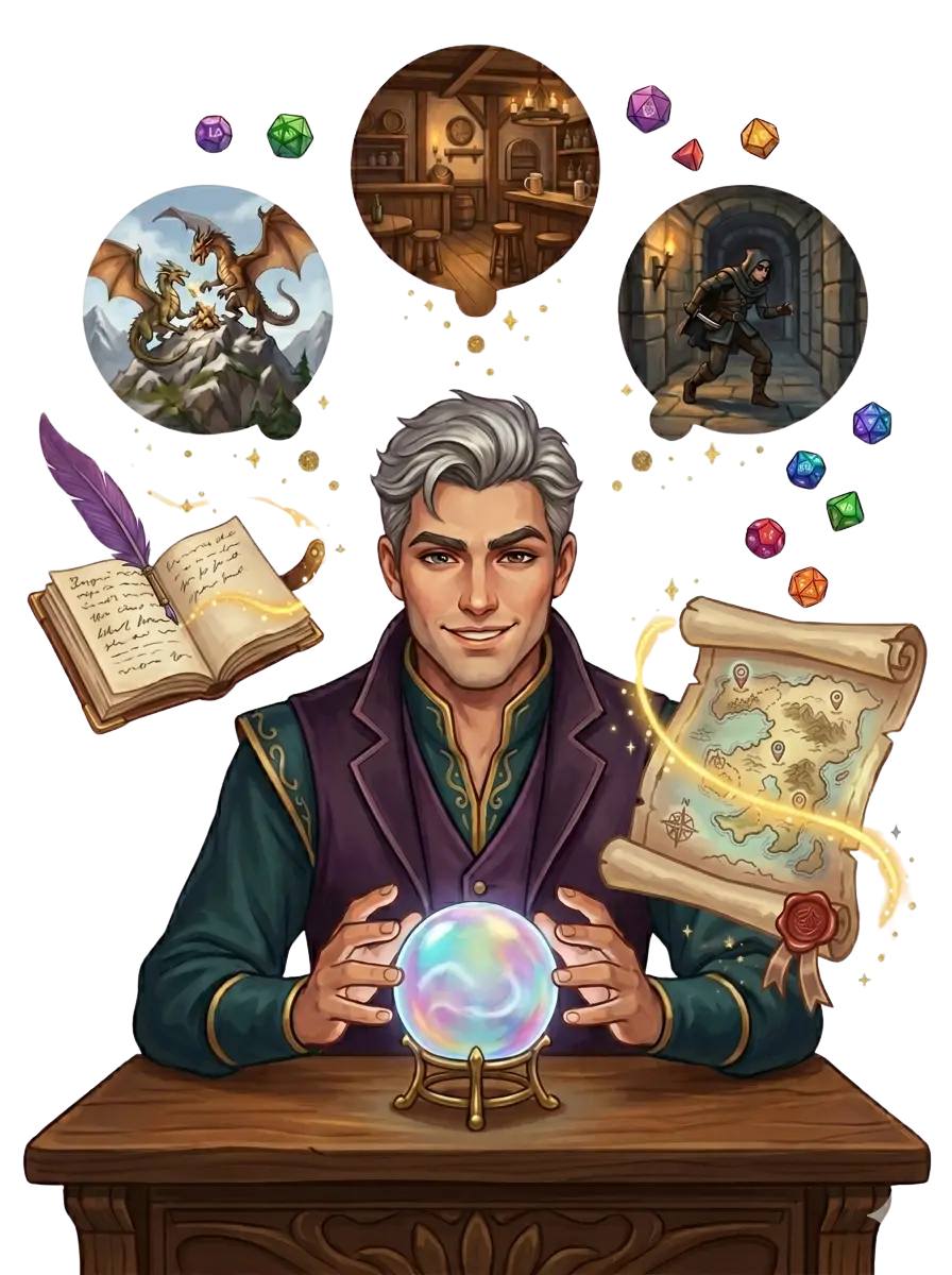 Dungeon master character illustration for Epicly