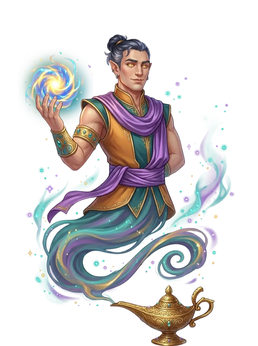 Genie character illustration beside Lorekeeper AI chat feature