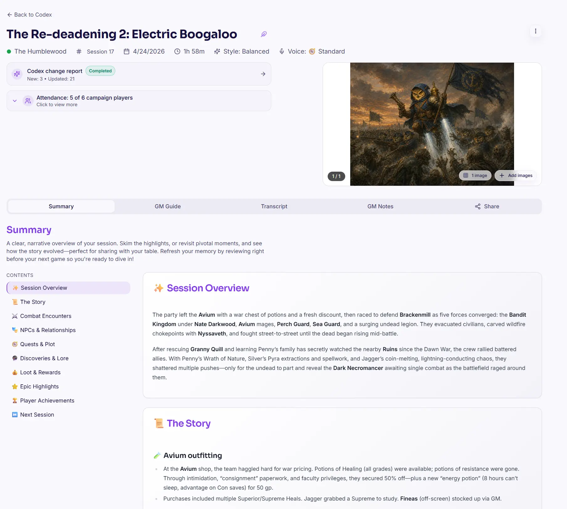 Epicly session recap view with generated summary