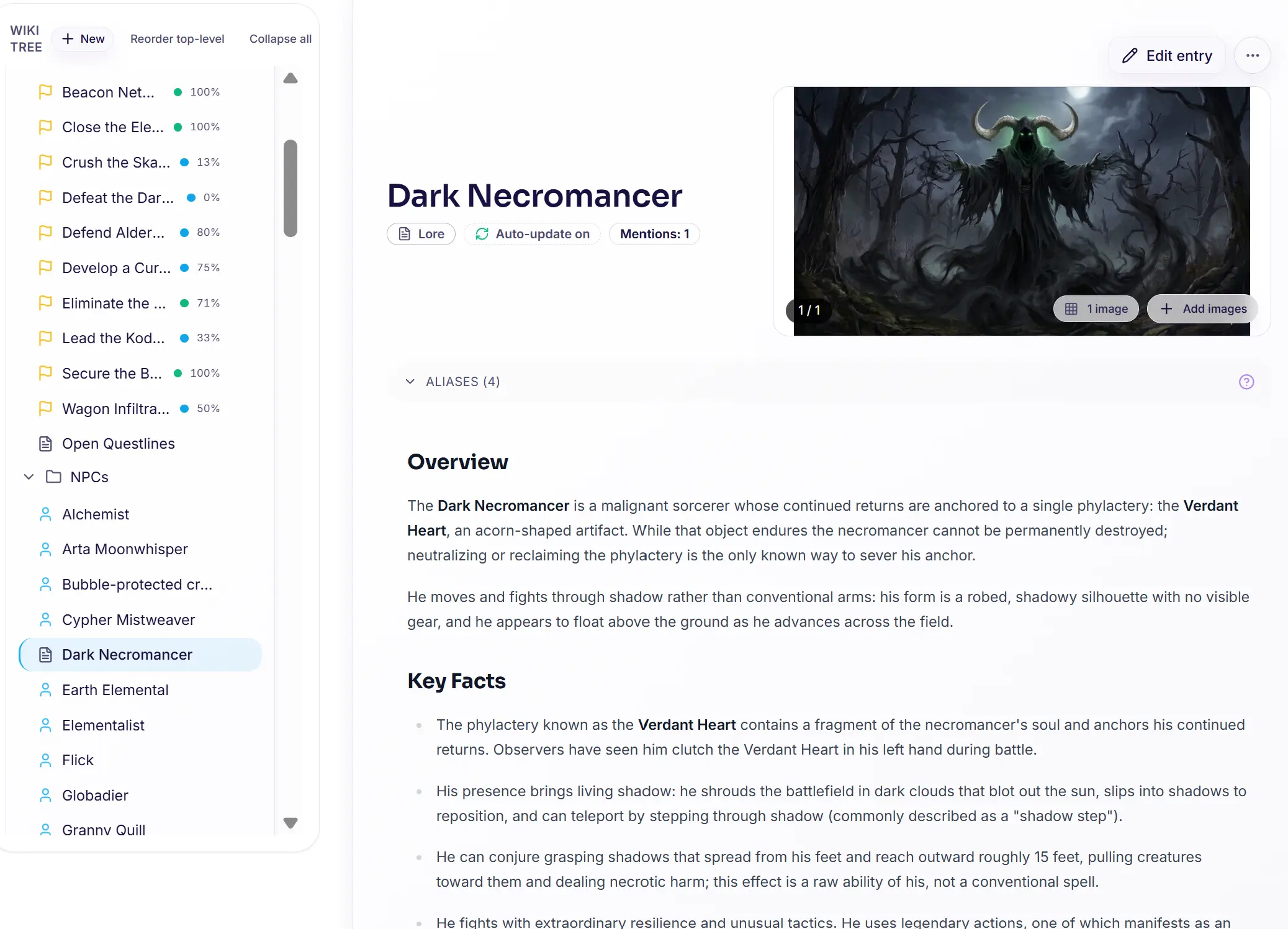 Epicly Campaign Codex wiki interface