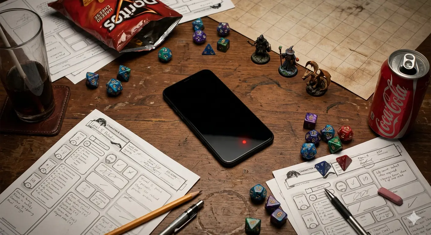 A phone recording a live D&D session, surrounded by dice, character sheets, and miniatures on a gaming table