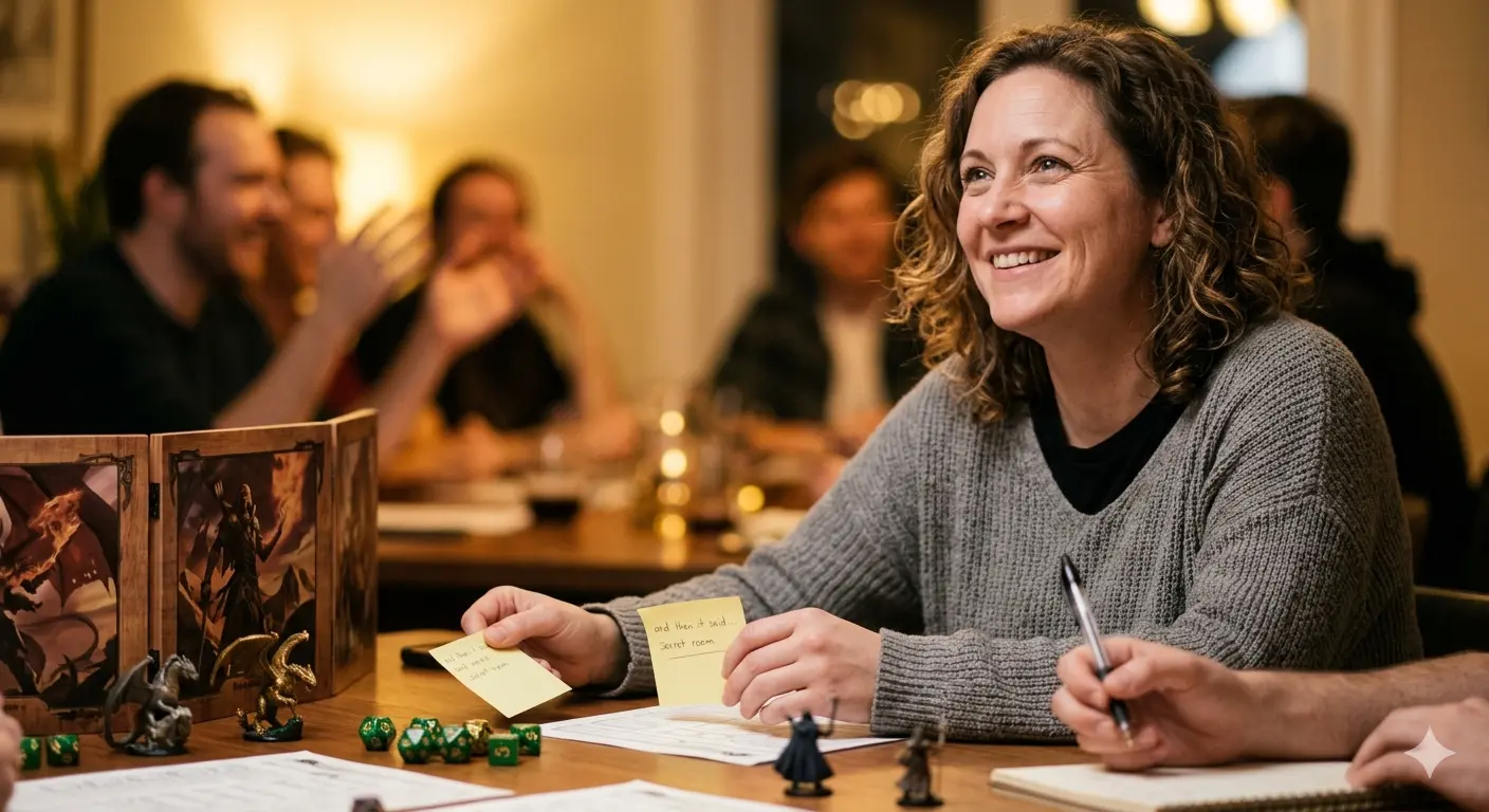 A Dungeon Master looking up from a sticky note to watch their players' reaction — choosing presence over note-taking
