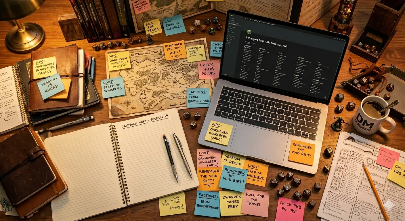 A DM's desk overwhelmed with notebooks, sticky notes, and an open campaign wiki on a laptop