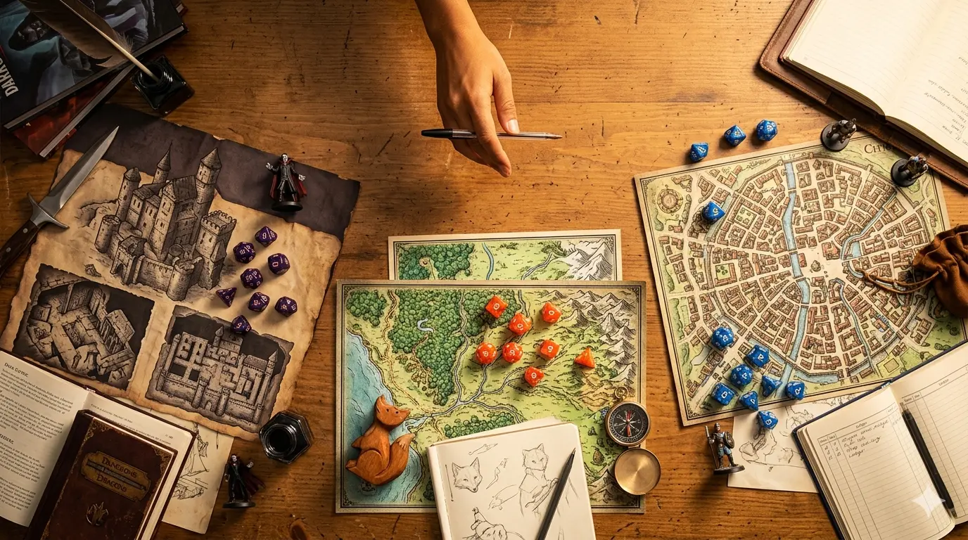 Three distinct D&D campaign setups on one desk — maps, notes, and dice for each — the challenge of running multiple games at once