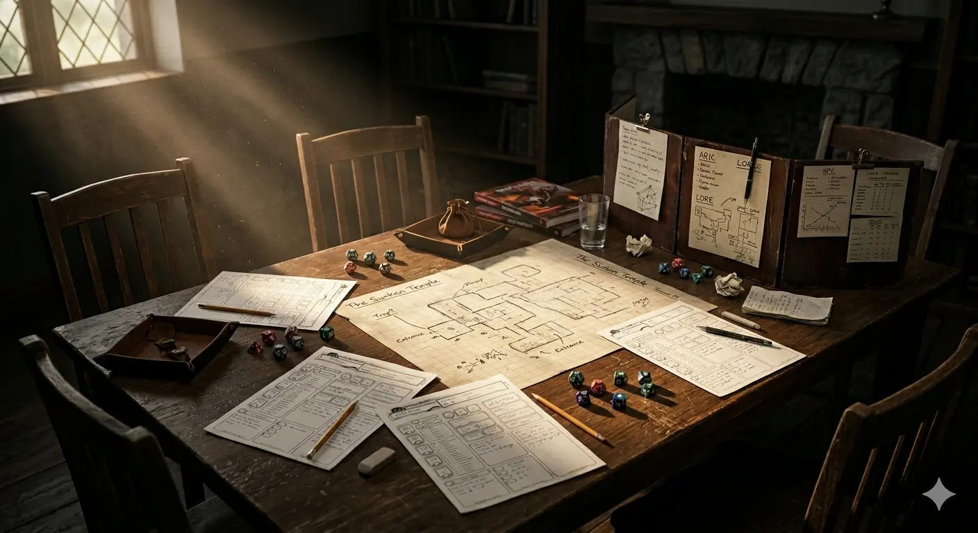 An empty D&D gaming table with abandoned character sheets, dice, and a DM screen — a campaign that didn't finish